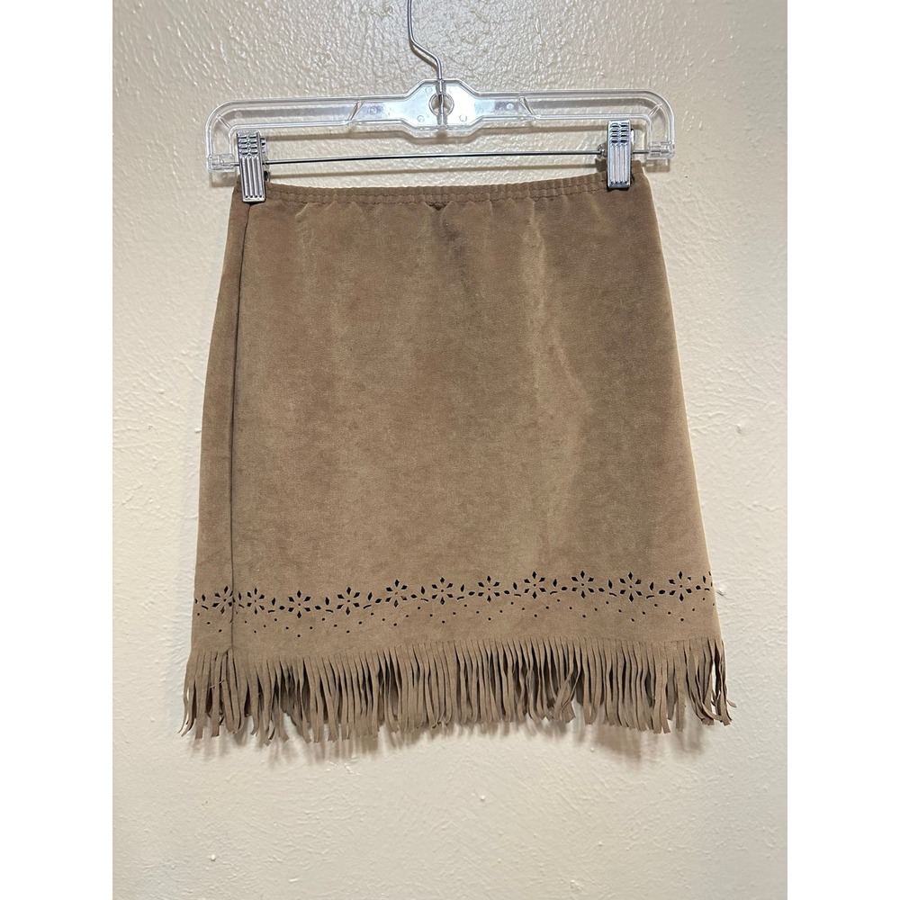 RNKIDS Tan Suede Faux Leather Mini Skirt with Fringe‎ Cutout Detail Size 12